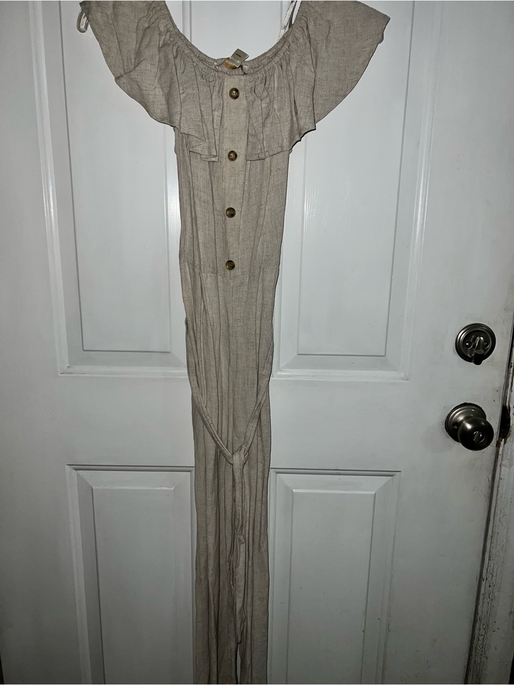 Monteau Beige Off-Shoulder Button-Front Jumpsuit